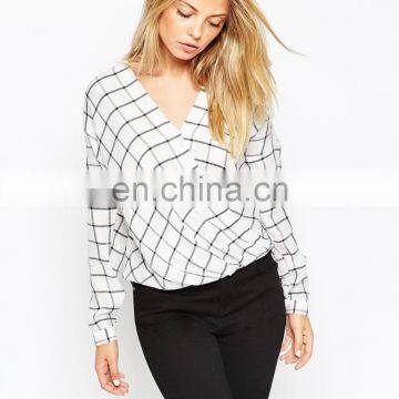 CUSTOMIZED NEW FASHION EUROPEAN STYLE WOMENS' V- NECK LONG SLEEVE CHIFFON BLOUSE, SUMMER TOPS FOR LADIES