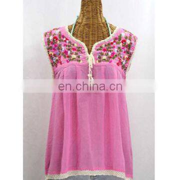 100% Pink Fabric Women Fashion Design Sleeveless Short Tunic Colored Embroidery Tunic Tops