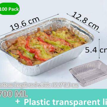 100 Pack Rectangular Aluminum Pans for Baking, Roasting, Broiling, Aluminum Pans with Plastic Transparent Lids, Deep Steam Table Pans (700 ML)