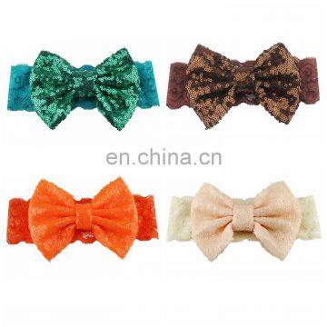 5Inches Girl Sequin Bows Headband Solid Color Kids Lace Patchwork Hairband 19Colors