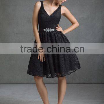 Elegant v-neckline and backstyle over lace satin beaded sash latest evening short dresses