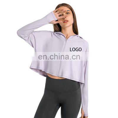 Custom Logo Rashguard Women Sports Clothes Ladies Beach Anti-UV Zip UP Hooded Blouse Thumb Hole Long Sleeve Sunscreen Top