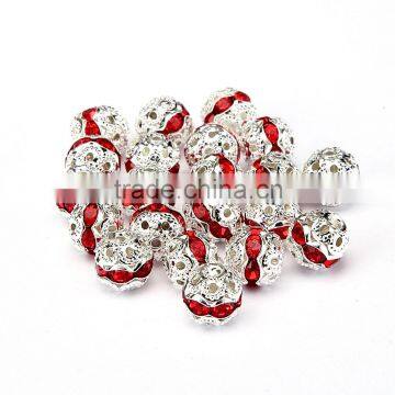 Nice 8mm Red Color Metal Style #1 Caystal Rhiestone Ball Shape Spacer Beads Silver Plated 20pcs Per Bag