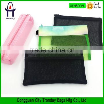 Wholesale custom mesh pencil case with two zippers transparent pen bag