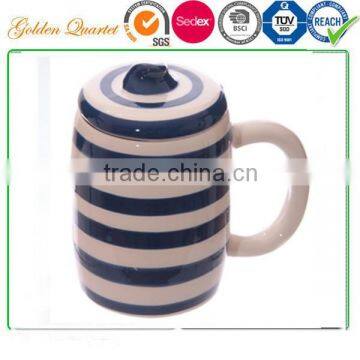 Ceramic Blue & White Striped Mug With Lid