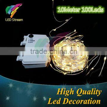 10M 100 led 3AA Battery Powered Outdoor Timer LED Silver Color Copper Wire Fairy String Lights for Christmas, Holiday and Party