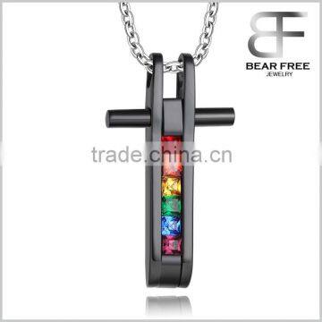 Stainless Steel Gay & Lesbian LGBT Pride Pendant Rainbow Cross Black Base Necklace