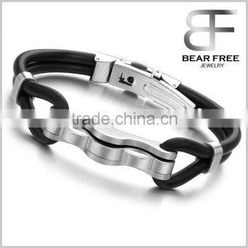 Stainless Steel Leather Silicone Biker Tribal Vintage Silver Black Men Bangle Bracelet