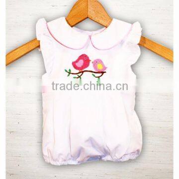 (SM105#white)0-2T New hot sale woven cotton bodysuits birds embroidered girl bubble romper for toddler