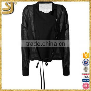 New design fancy ladies' formal Translucent sleeve black wool jacket