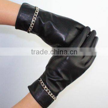 New Women Leather Winter Dress Driving Gloves BLACK With Decorative Chain