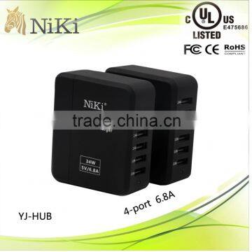 Black Hub Charger Adapter for Cellphone-5V6.8Amp usb HUB