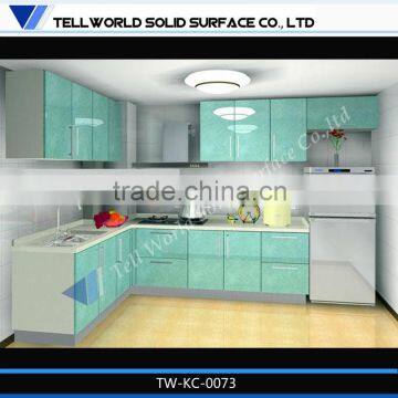 2014 new high quality L shape solid surface kitchen counter top design with wall cabinet