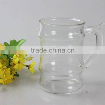 2015 china manufacturer promotional bamboo shape pyrex glass office cup,cheap glass drinking cup with unique shape handle