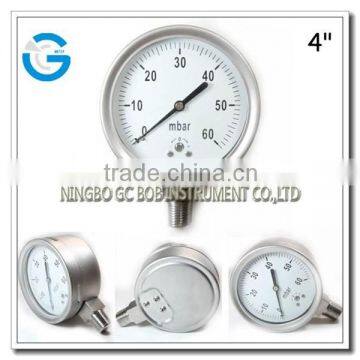 High quality 4 inch all stainless steel capsule mbar low pressure gauge with bottom connection