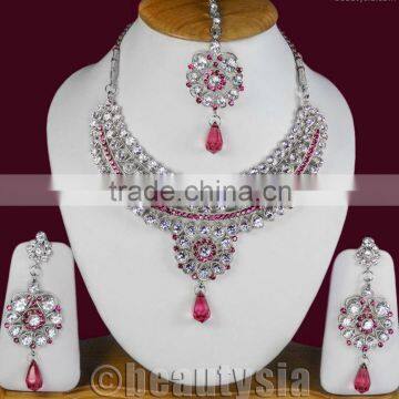 Bollywood Indian Fashion Jewelry Kundan CZ Silver Tone Necklace Set S161 Magenta