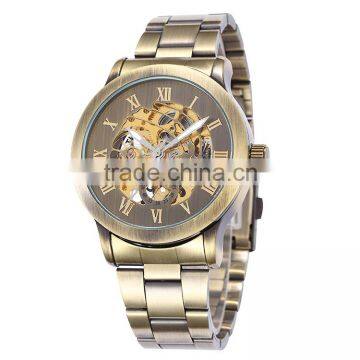 antique brass stainless steel mens skeleton automatic wrist watch