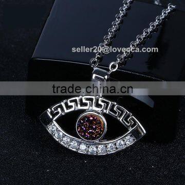 S925 Sterling Silver Evil Eye Natural Drusy Agate Crystal Quartz Geode Druzy Pendant