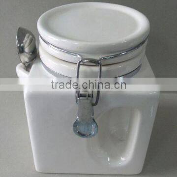 Plain white Ceramic square shape storage jar with handle and spoon