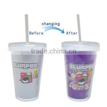 Personalized Custom Photo double wall magic plastic cup with straw