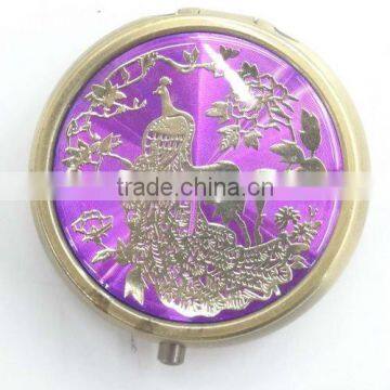 fancy round-shaped metal pill boxes with logo or peafowl picture printed