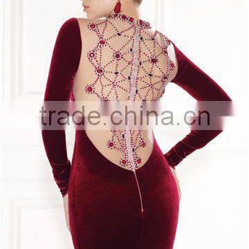 Wine Mermaid Long Sleeve Velvet Evening Dresses Bridesmaid Dress photo-3