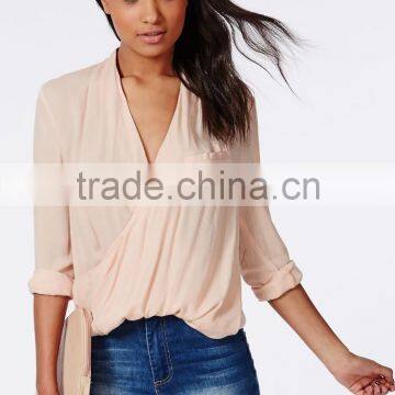 100% Polyester Wrap Over Nude Women Blouse for Middle Aged Women photo-2