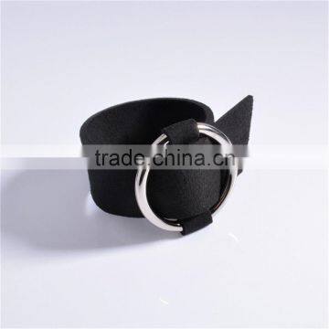 Wide Black Punk Leather Bangle Bracelet With Adjustable Gold/Silver Loop Circle for Lady photo-6