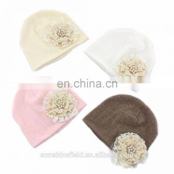 2016 Trendy Newborn Cute Hat Girl Boy Infant Hat Baby Beanies with Elegant Lace Pearl Flower QB1B9