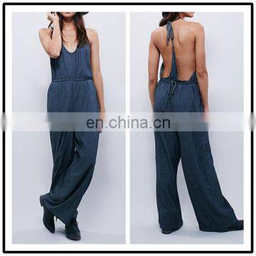 Online Shop Halter Neck Loose Fitted sexy Women Summer denim backless Casual Jumpsuit