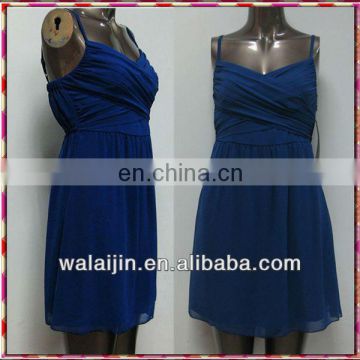 High quality low neckline spaghetti strap pleated bust ladies royal blue dress