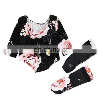 Plain black color with big blooming flower pattern romper matching long sock Soft Baby Girls Romper