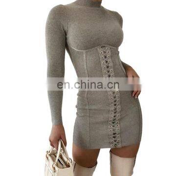 TWOTWINSTYLE Fashion Dress For Women Stand Collar Long Sleeve High Waist Straps Solid Streetwear