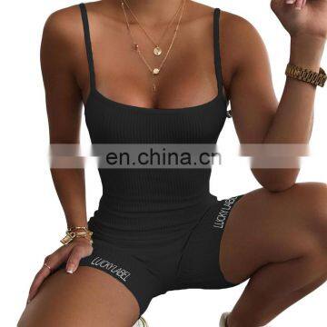 2020 Wholesale Summer Women's Suspender Embroidered Sports High-waist One Piece Short Jumpsuits