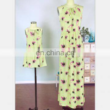 2019 Mommy and me Clothing Knit Cotton Little Girls Green Floral Printed Baby Summer Dresses photo-3