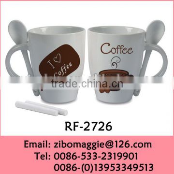 2016 Popular Custom Print White Ceramic Coffee Mugs with Spoon for Chalk Mugs