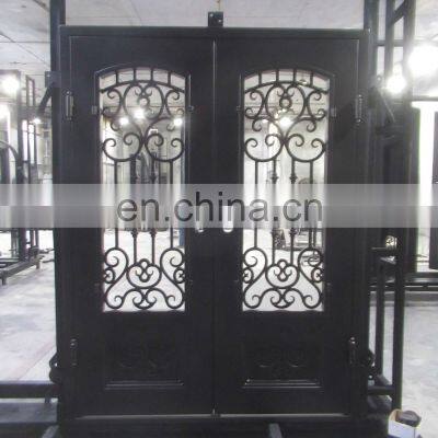 High Quality Exterior Black Jamb Removable Screen French Design Anti Rust Double Wrought Iron Front Entry Door for Sale