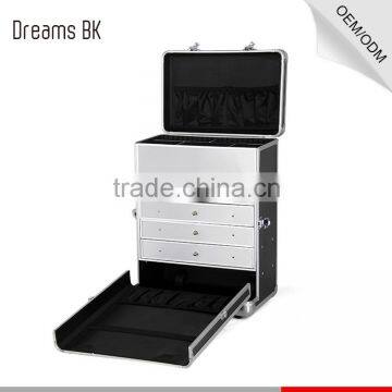 Aluminum artist cosmetic rolling wheel make up display case with lights mirror
