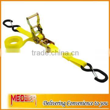 With breaking strength of 1500kg 1" ratchet strap/25MM ratchet strap S rubber hook with yellow strap