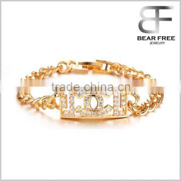 18K yellow Gold Plated Women's Charm Cuban Link Chain Bracelet in Copper CZ Inlaid