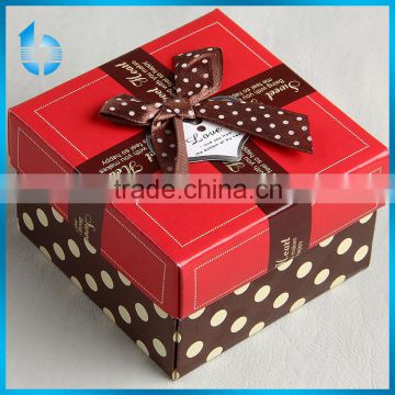 Environmental packing box with coffee color round point printing and silk band flower tie for presents to lovers, friends