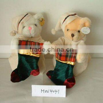 lovely promotional customized stuffed plush christmas bear animal toy with christmas stocking&hat