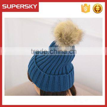 V-302 Large fur women pom winter wool beanies real fur pom pom hats