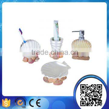 Wholesale sea shell shape pearl white polyresin bathroom accessories set with liquid soap dispenser