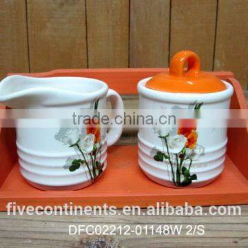 chinese ink decal ceramic creamer mug and sugar bowl set with wooden stand