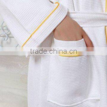 100 % Cotton Waffle Bathrobe With Piping White Luxury Thin Robe