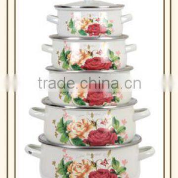 Elegant Red&Yellow Flower Decal Enamel Cooking Pot Set 5 Pcs Cast Iron Stew Pot Double Handle With Glass Lid