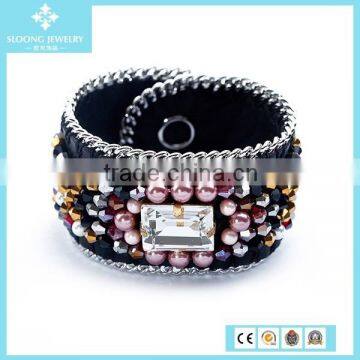 New Fashion Goatskin Leather Big Crystal Glass Shine Gold Plated Bracelet Jewelry Wholesale