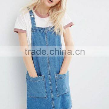 Mini Pinafore Dress Denim Fabric In Mid-Wash Blue