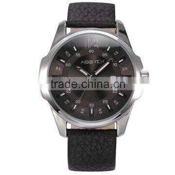 Stainless Steel Black Dial Leather Strap Analog Date Quartz Men Business Watch
